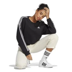 ADIDAS Women's Essentials 3-Stripes Cropped Sweatshirt -Nike Sales Store 9044087 BlackWhite 5